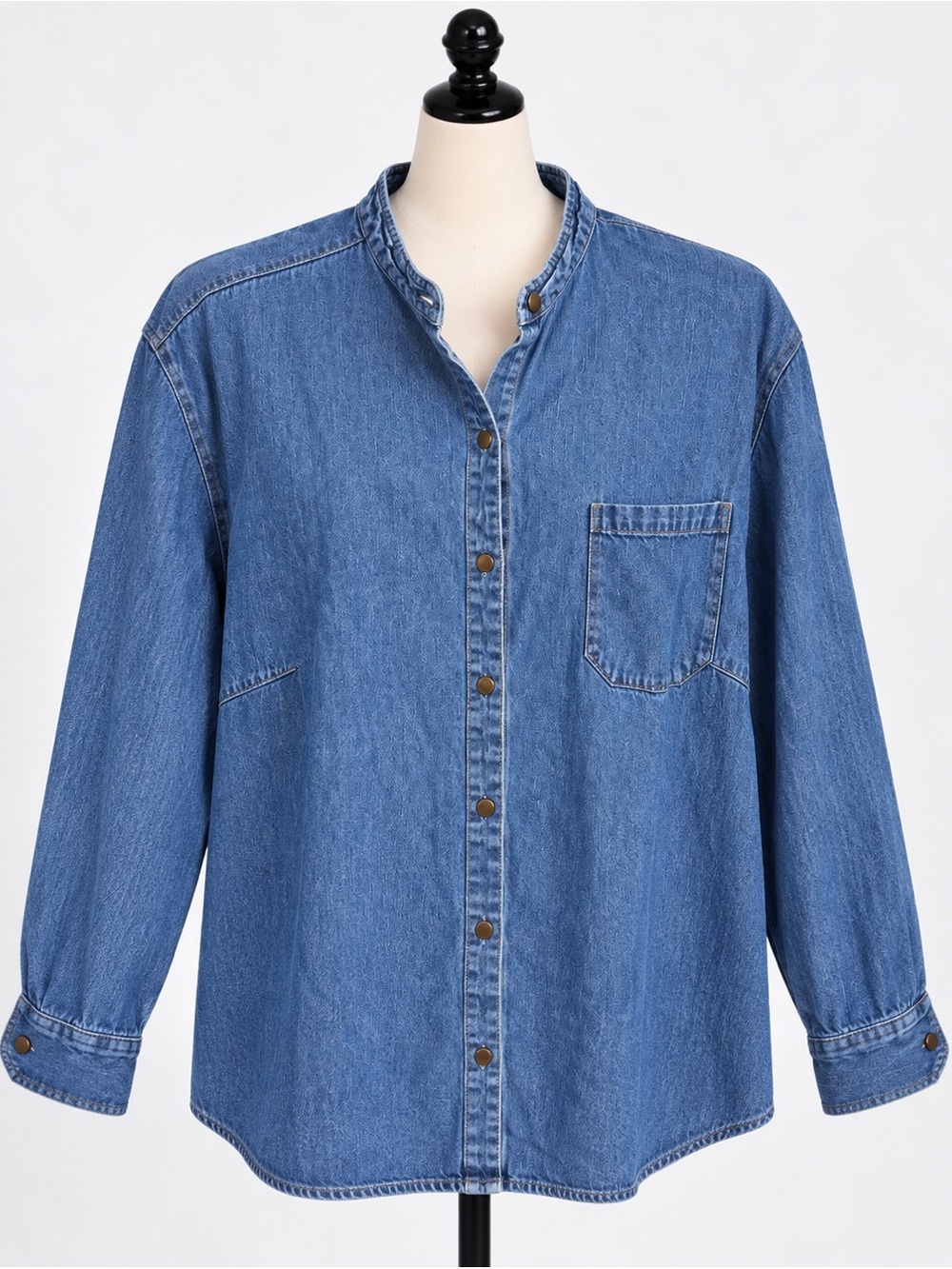 Vintage Bill BLass Women's Blue Denim Button-Down Shirt with Mandarin Collar
